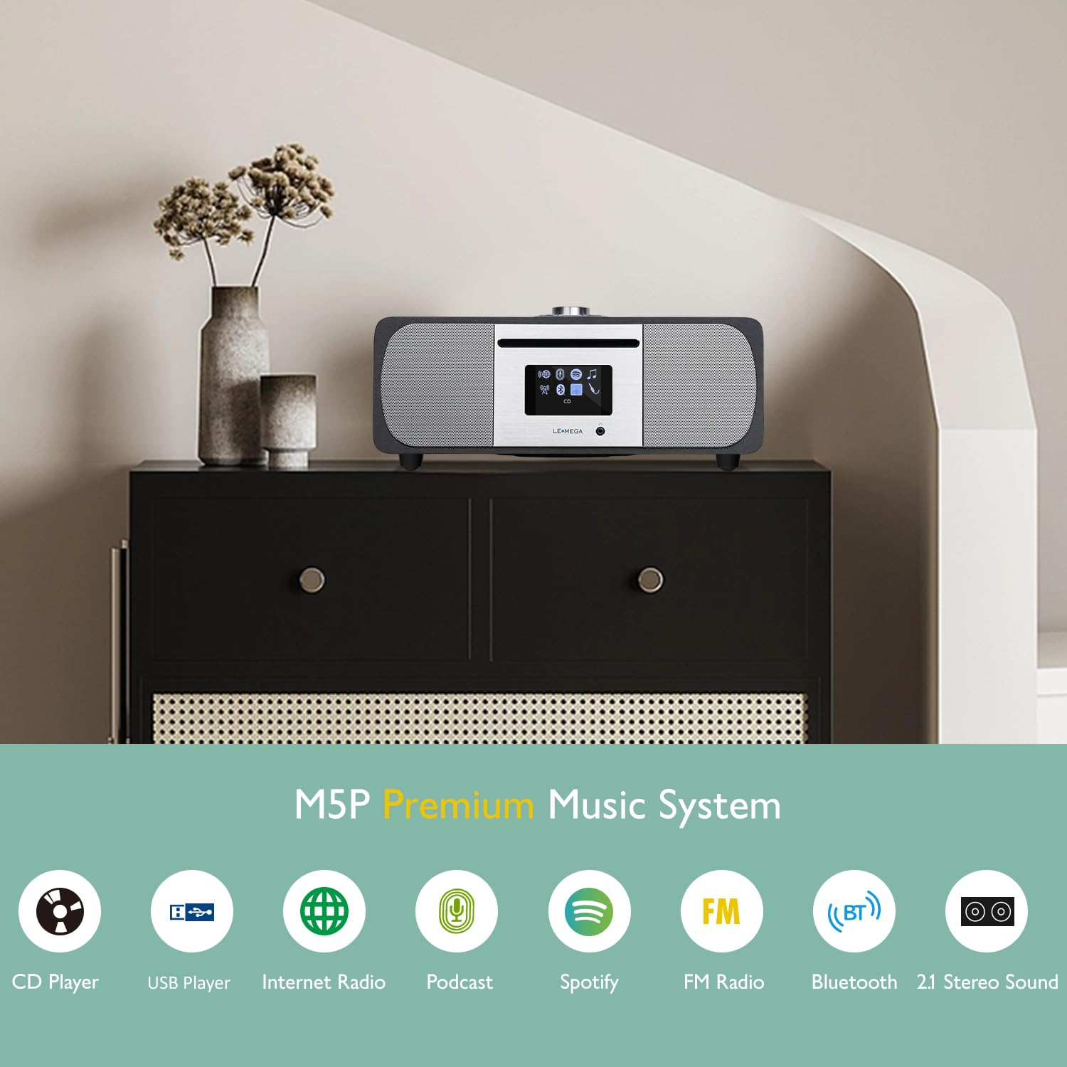 Lemega M5P Internet Radio With Cd Player For Home, Wifi Radio, Fm Digital Radio, Bluetooth Speaker, Spotify Connect,35W Home Stereo System,Usb Player,Dual Alarms Clock, Oktiv App Control Dark Walnut