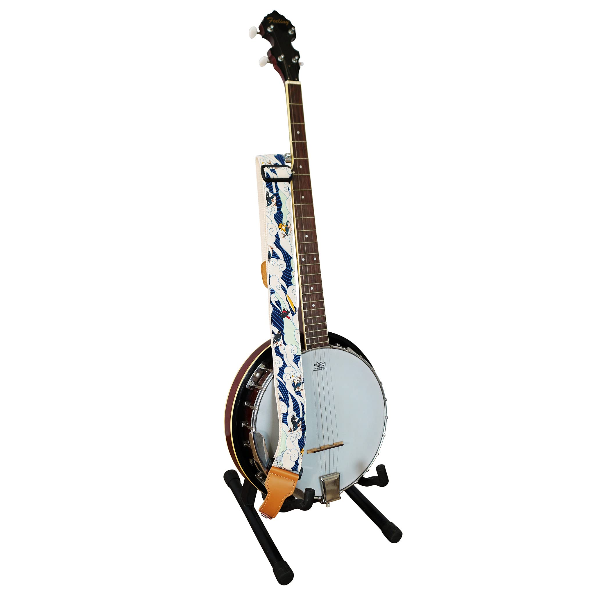 Music First Original Design, 2 Inch Width (5Cm), Padded, Vintage Ukiyoe Style''Surfing Cat'' Soft Muslin & Genuine Leather Delux