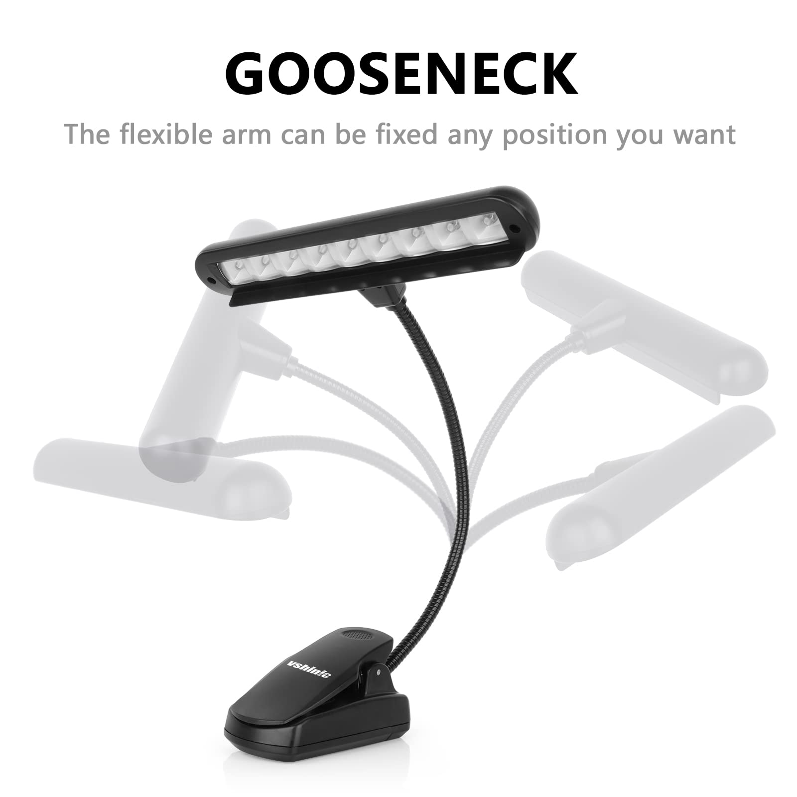 Vshinic Music Stand Light, Clip-On 9 LED Lamp, Adjustable, Black, Model DL-09, Battery/AC Powered for Musicians and Readers