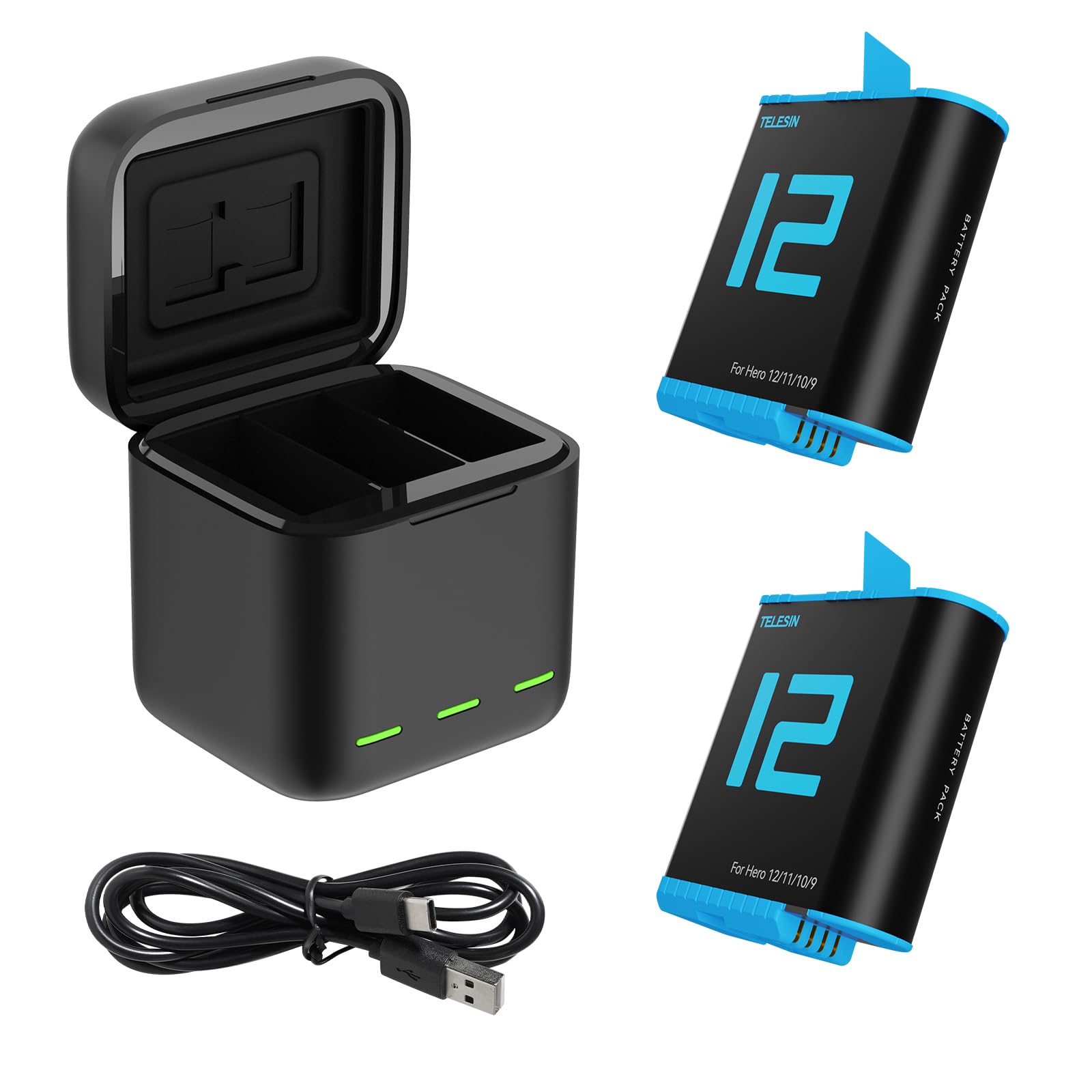 Telesin Battery Charger Kit For Gopro Hero 12 11 10 9 Black, 2 Pack Battery + Triple Charge Case With Type C Charging Cord For Go Pro 12 11 10 9 Original Batteries Accessories