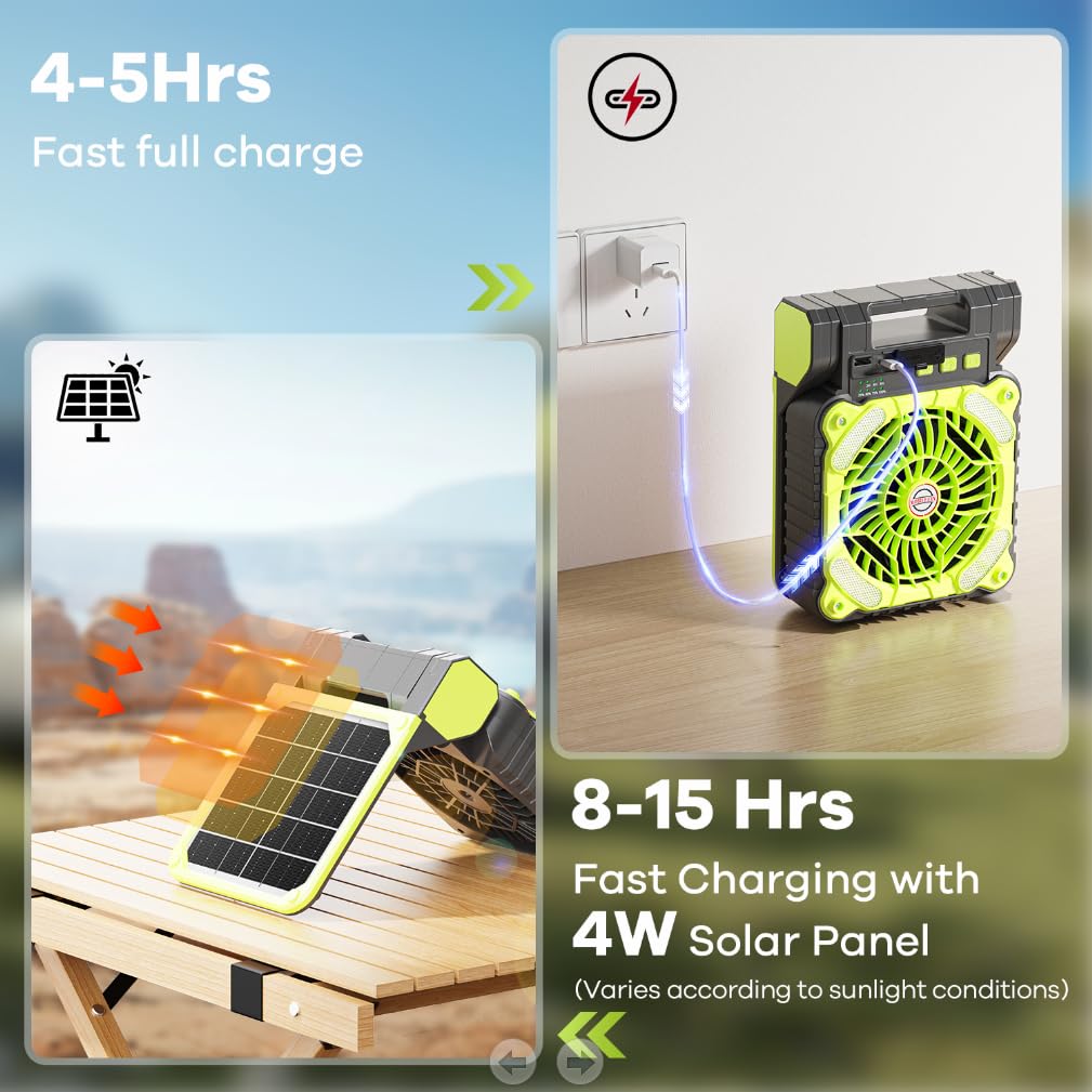 Dowilldo Solar Powered Fan For Camping, 10400Mah Rechargeable Battery Operated Portable Fan With Led Lantern, 4 Speeds Powerful
