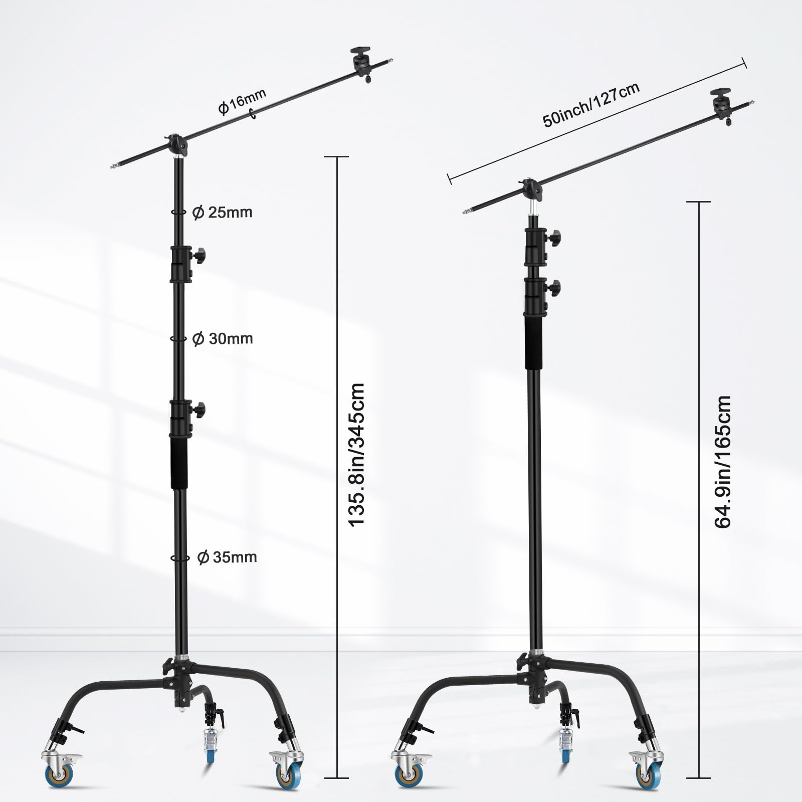 Heavy Duty C Stand 11.3Ft/345Cm All Metal Adjustable Century Stand Light Stand With 4.2Ft/128Cm Holding Boom Arm,Wheels For Phot