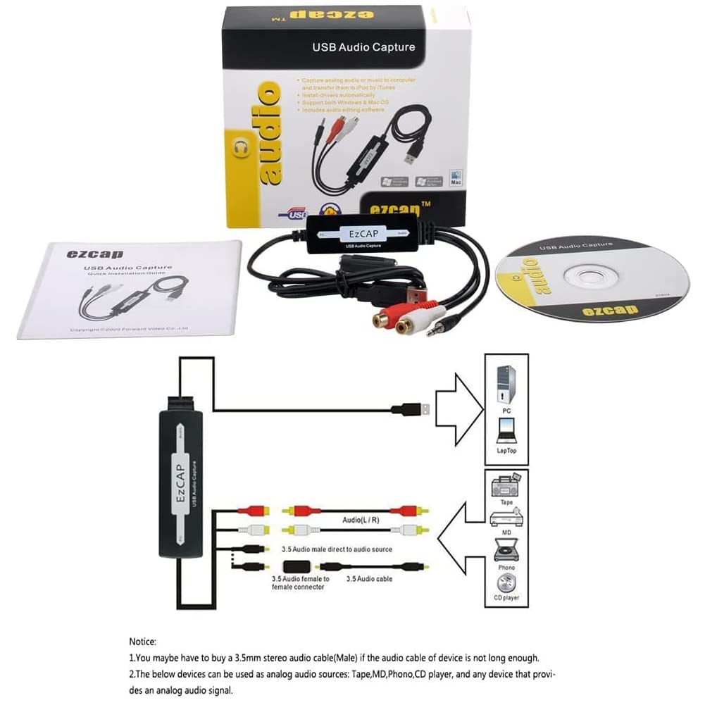 Usb Audio Capture Recorder Card Converts Turntable Lp/Cassette Tape Audio To Mp3/Wav Digital Music Converter Adapter, Support Wi