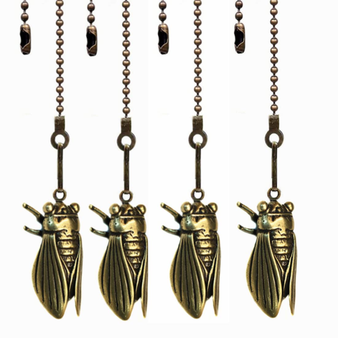 Ceiling Fan Pull Chain Set, 12 Inches Vintage Solid Cicadas Charm Pendant Pull Chain Extender With Connector, 4Pcs