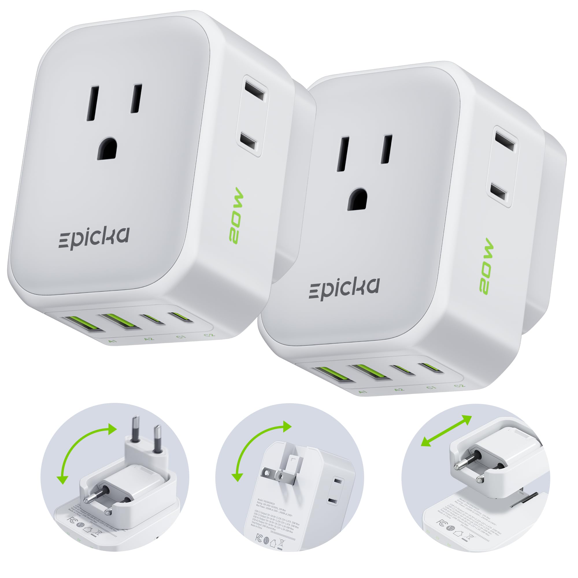 Epicka Hybrid European Travel Plug Adapter, 2 Packs Foldable & Detachable Type C (Eu) Visaplug, 8-In-1 International Power Adapt