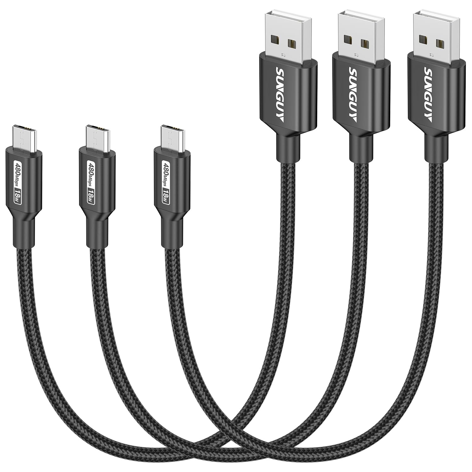 SUNGUY Micro USB Cable 1FT, [3-Pack] Short USB to Micro USB Cable Fast Charging USB 2.0 Data Sync Nylon Braided for Samsung Gala