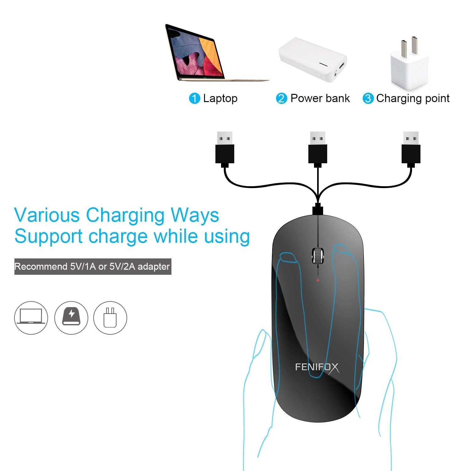 Bluetooth Mouse Fenifox Slim Mini Whisper Quiet Flat Portable Wireless Mice Rechargeable Compatible With Laptop,Pc,Tablet Android Windows Xp(Black)