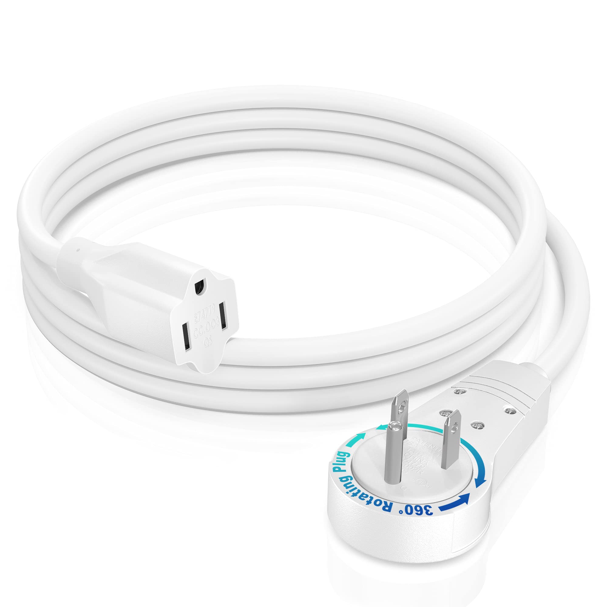 Maximm Cable 3 Feet 14Awg 360� Rotating Flat Plug Extension Cord/Wire, 3 Prong Grounded Wire, Heavy Duty Extension Cord   Ul Certified   White