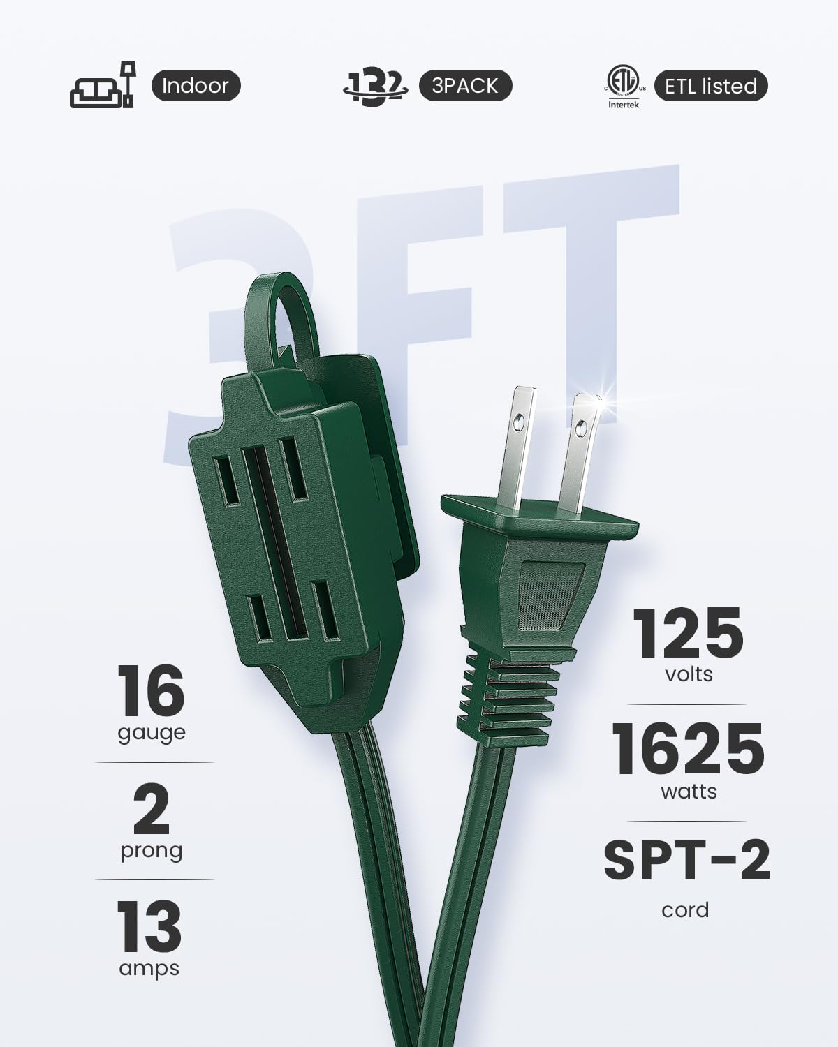 Plugtul Green Indoor Extension Cord 3 Ft, 2 Prong Extension Cord, 3 Polarized Outlets With Safety Cap Protect For Home Office, 1