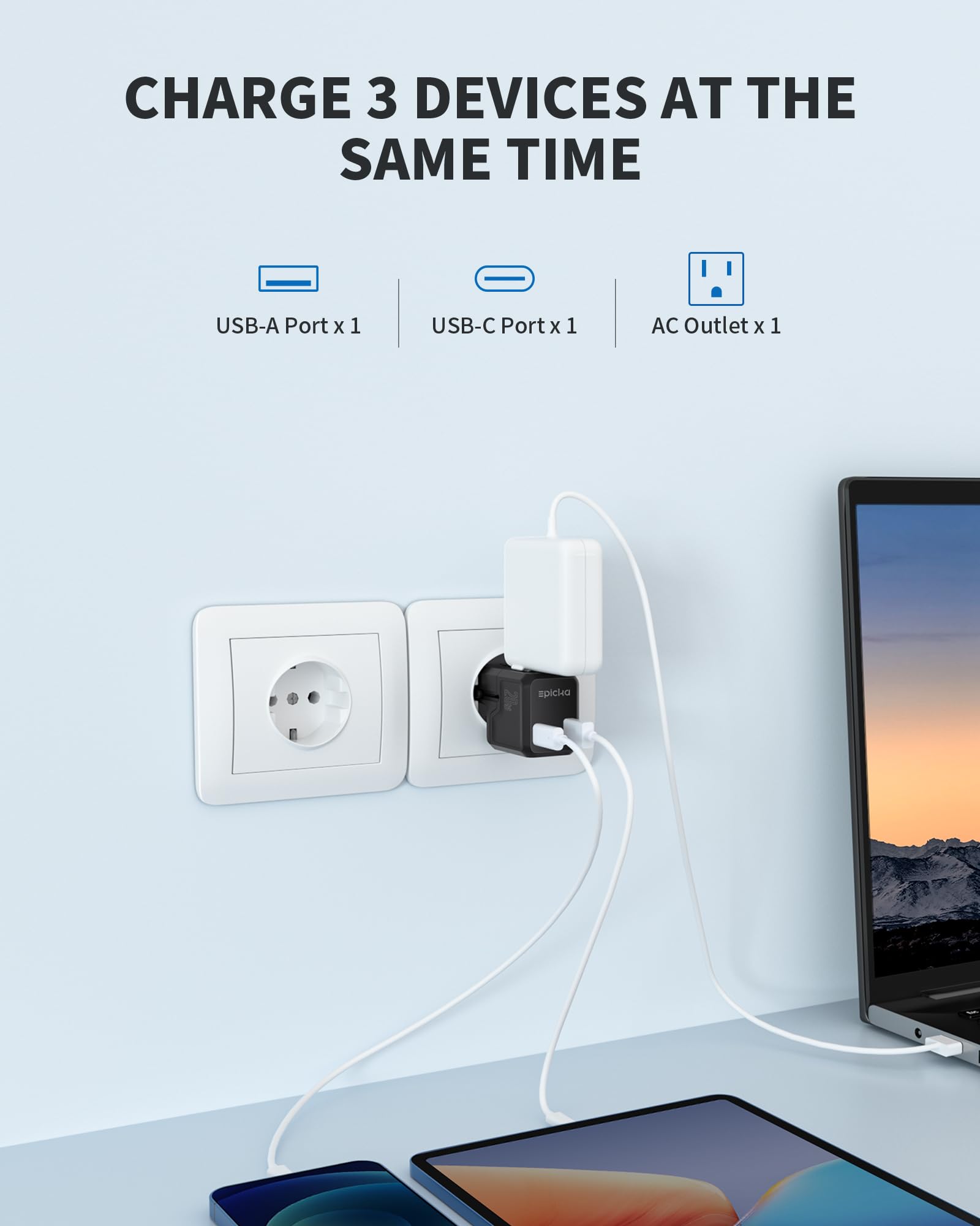Epicka Universal Travel Adapter, International Plug Adapter Wall Charger With 20W Usb C Pd & Usb A Qc, All In One Pocket Size Ad