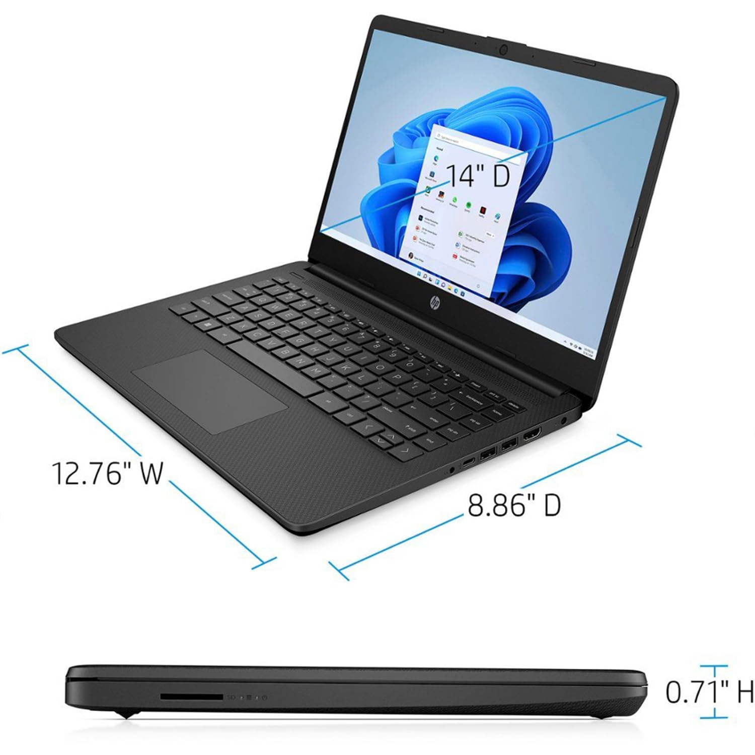 HP Portable Laptop, Student and Business, 14' HD Display, Intel Quad Core N4120, 8GB DDR4 RAM, 64GB eMMC, 1 Year Office 365, Webcam, SD Card Reader, HDMI, Wi Fi, Windows 11 Home, Black, KKE Mousepad