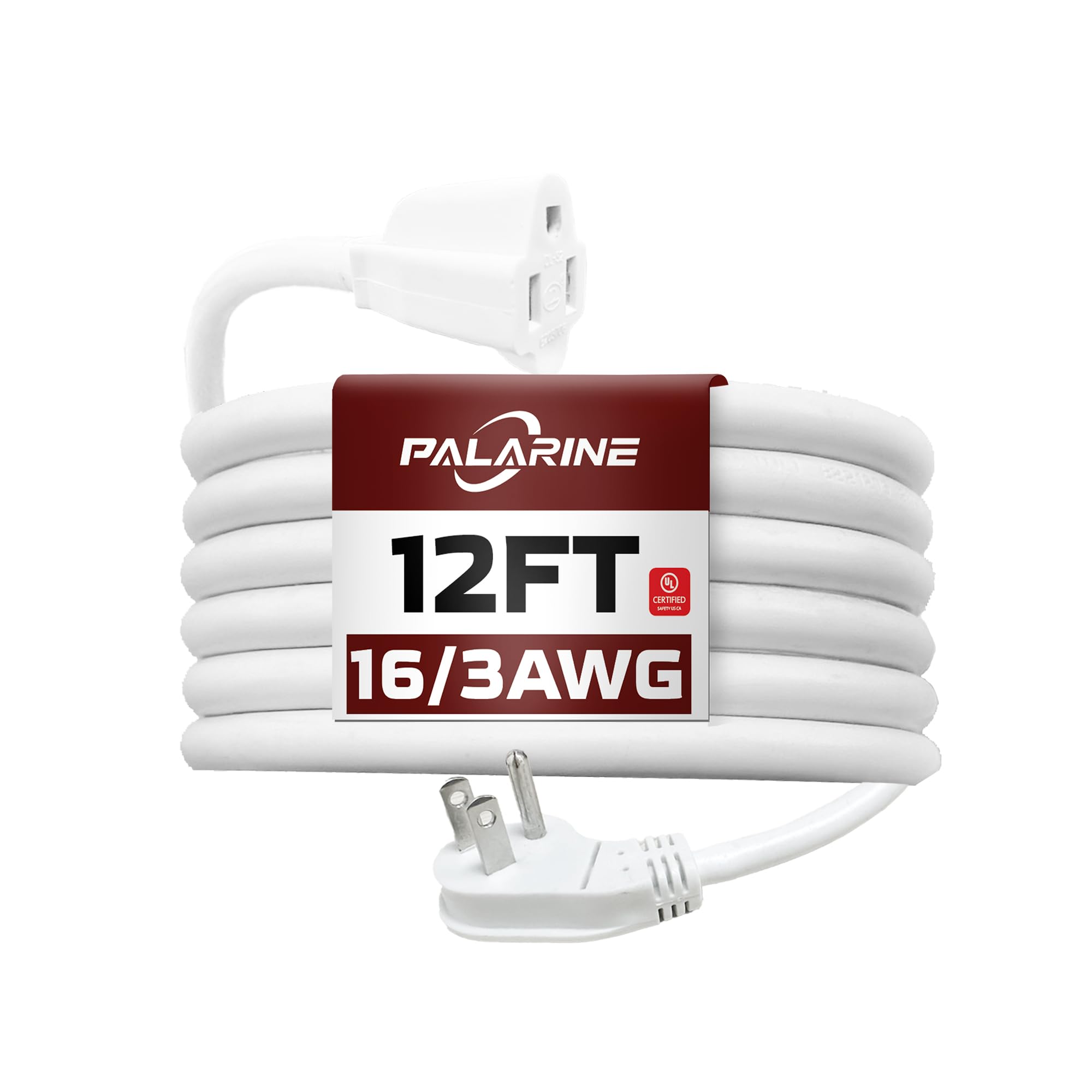 Palarine Indoor Flat Plug White Extension Cord 12Ft, Ul Listed, 16/3 Sjtw 3 Prong Heavy Duty, 16 Gauge 13A Power Cord For Lights