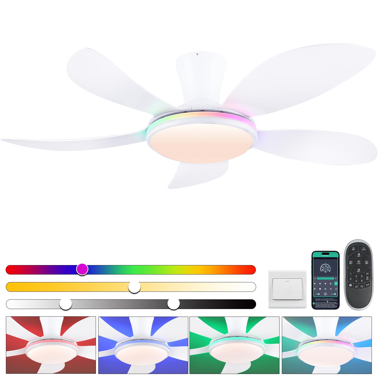 PHORUS RGB Ceiling Fans with Lights and Remote/APP,48 White Low Profile Ceiling Fans with Quiet Reversible DC Motor, Dimmable LE