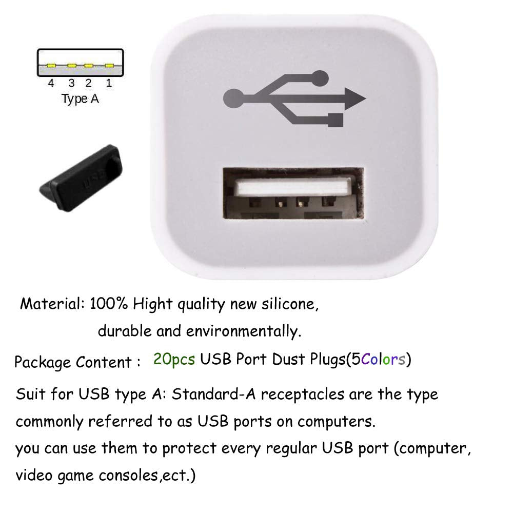 20 Pcs 5Colors Silicone Usb Type A,Usb Port Standard A Female Anti Dust Cover Plugs Protector Stopper Cap For Desktop Pc Laptops