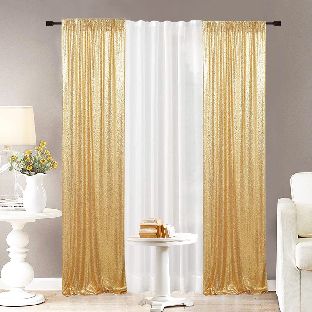 Eternal Beauty Gold Sequin Backdrop Curtain 2 Panels, Gold Curtain Backdrop For Party Decoration (W2 X H8Ft 2Pcs)