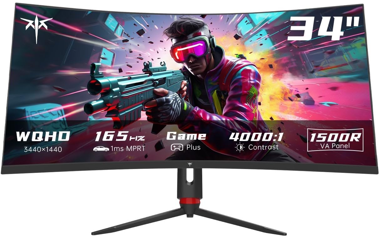 Ktc 34 Inch Ultrawide Monitor, 165Hz Wqhd 3440X1440 Curved Gaming Monitor, 1500R Pc Monitor, Hdr, Freesync & G Sync, Hdmi, Displ
