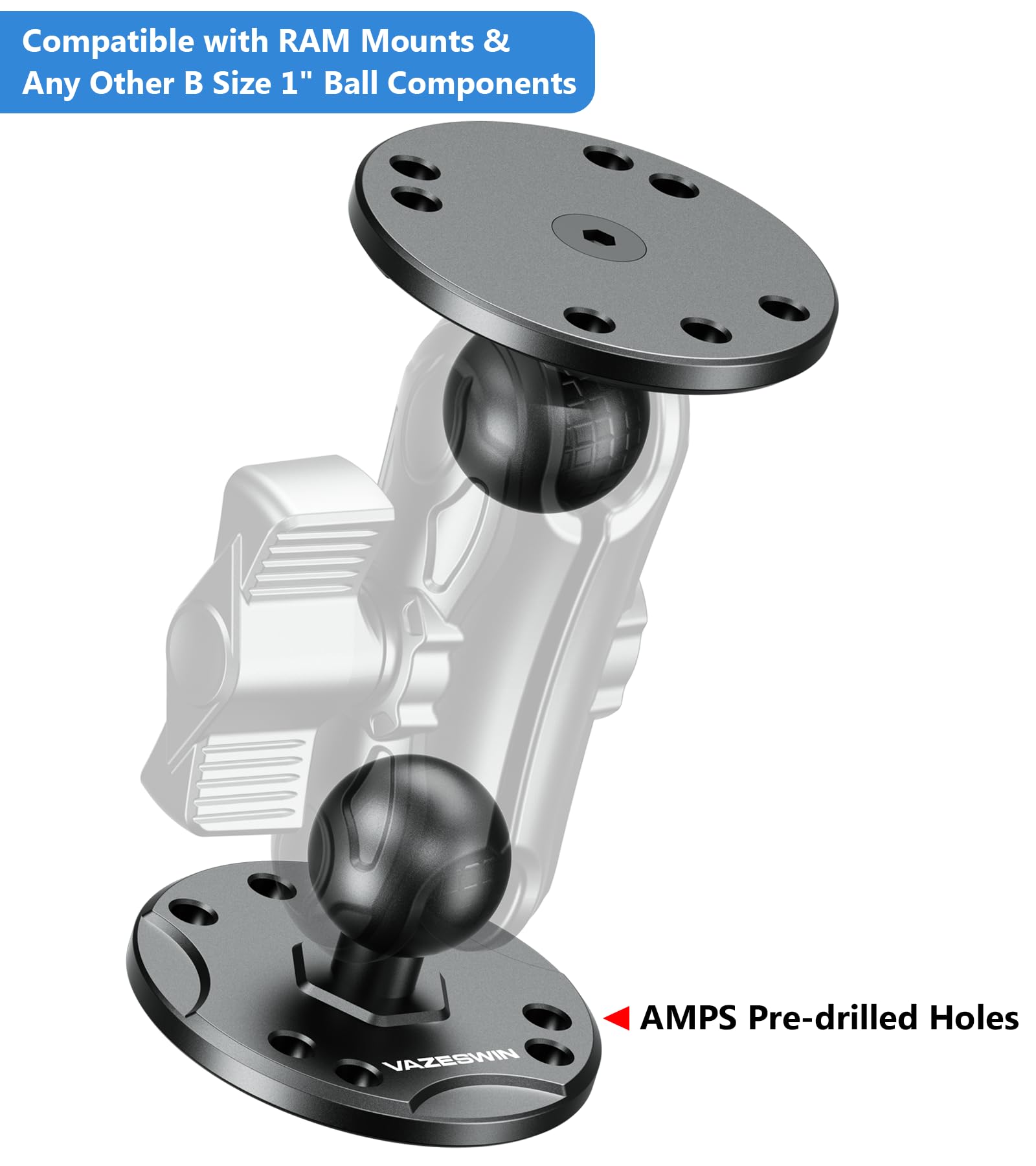 Vazeswin 2 Pcs 1'' Ball Mount With Aluminum Alloy Round Plate, Universal Electronic Device Mounting Base With Amps Hole For Garm