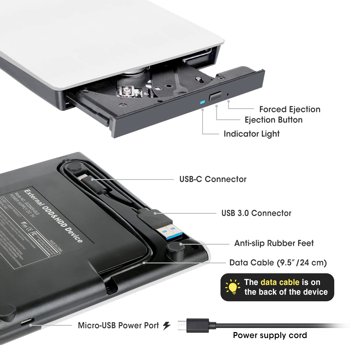 Roofull External Cd Dvd Drive Usb 3.0 & Usb C, Portable Cd Dvd Rom +/ Rw Optical Disc Drive Player Reader Writer Burner For Appl
