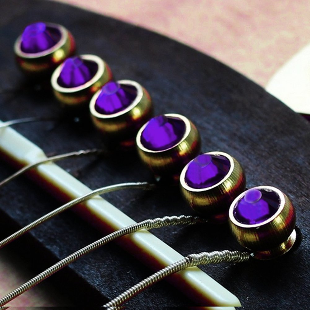 6Pcs Bridge Pin Copper Material Folk Acoustic Guitar Bridge Pin Peg Nail With Colorful Crystal Glass Dot(Purple)