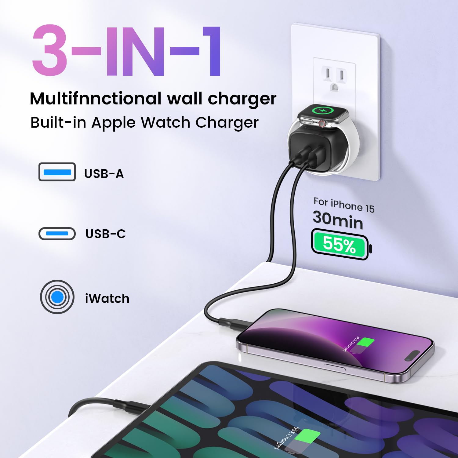 Topadre For Apple Watch Charger With 20W Fast Charging Block, 3 In 1 Pd Usb C Wall Charger Block For Iwatch Series Ultra/9/8/7/6