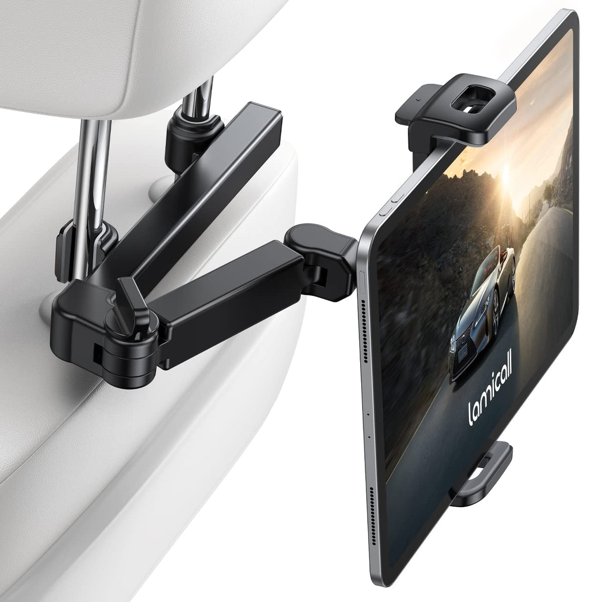 Lamicall Car Headrest Tablet Holder   [3 in 1 Extension Arm] Adjustable Tablet Car Mount for Back Seat, Road Trip Essentials for Kids, for 4.7 11' Device Like iPad Pro, Air, Mini, Galaxy, Fire, Black