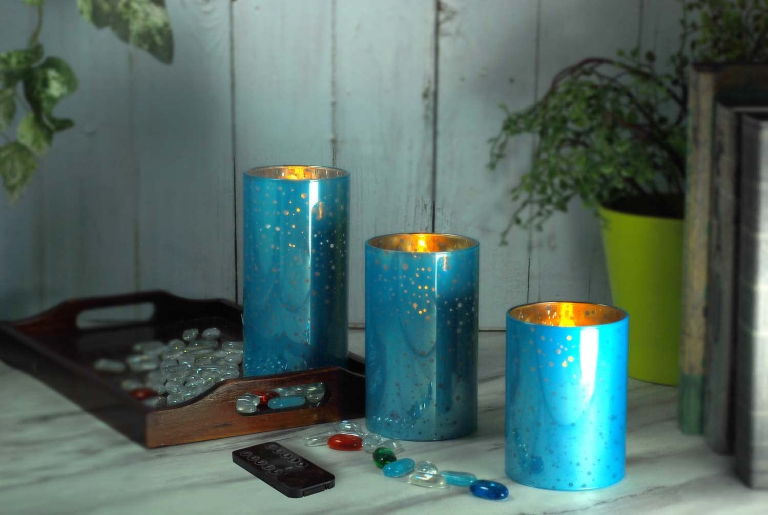 Sky Blue Mercury Effect Glass Flameless Candles, Battery Operated  500 Hr Battery, Realistic Glow For Christmas, July 4Th & Prem