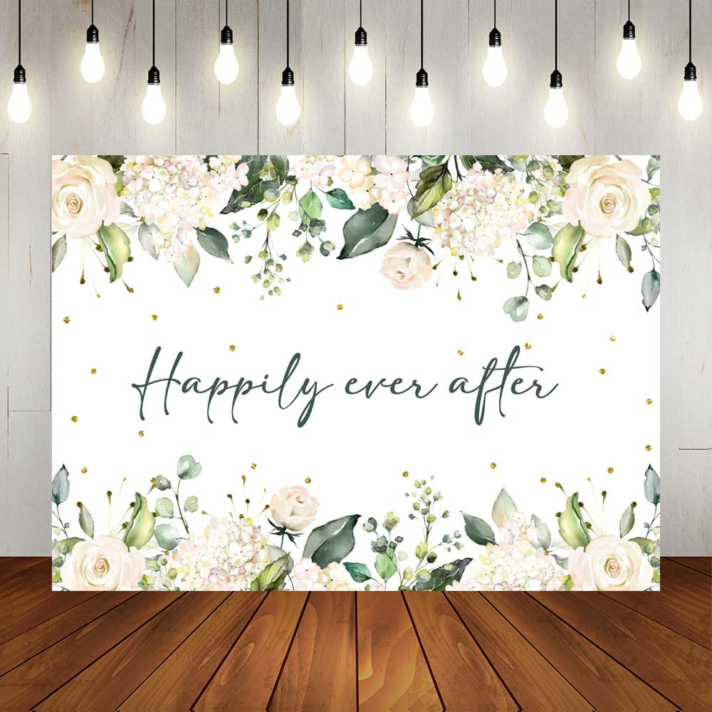 Lofaris Happily Ever After Backdrop For Wedding White Floral Green Leaves Gold Dots Photography Background Bridal Shower Wedding