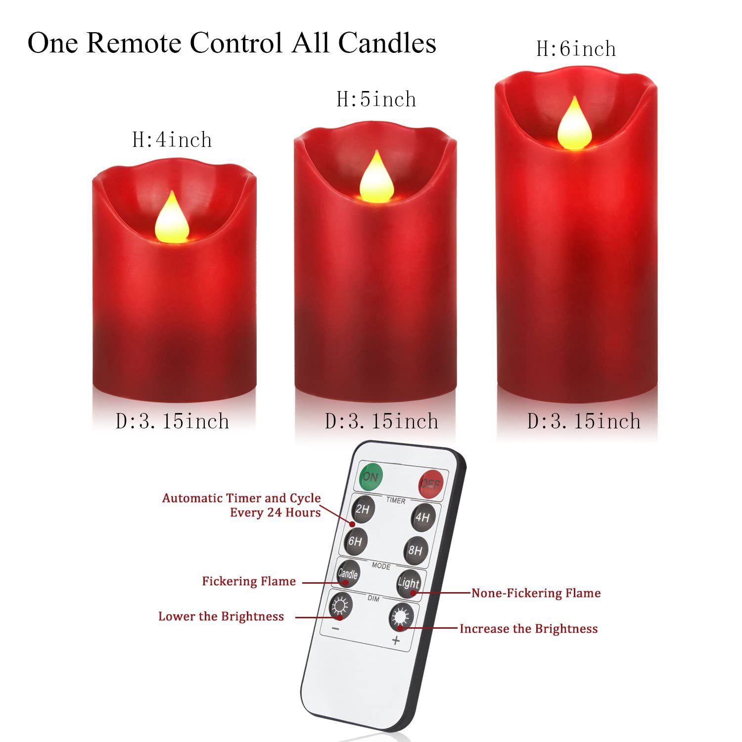Junpei Led Candles, Battery Flickering Candles, Set Of 3 Red Real Wax,300+ Hour Decorating Pillars Candles, With10 Buttons Remot