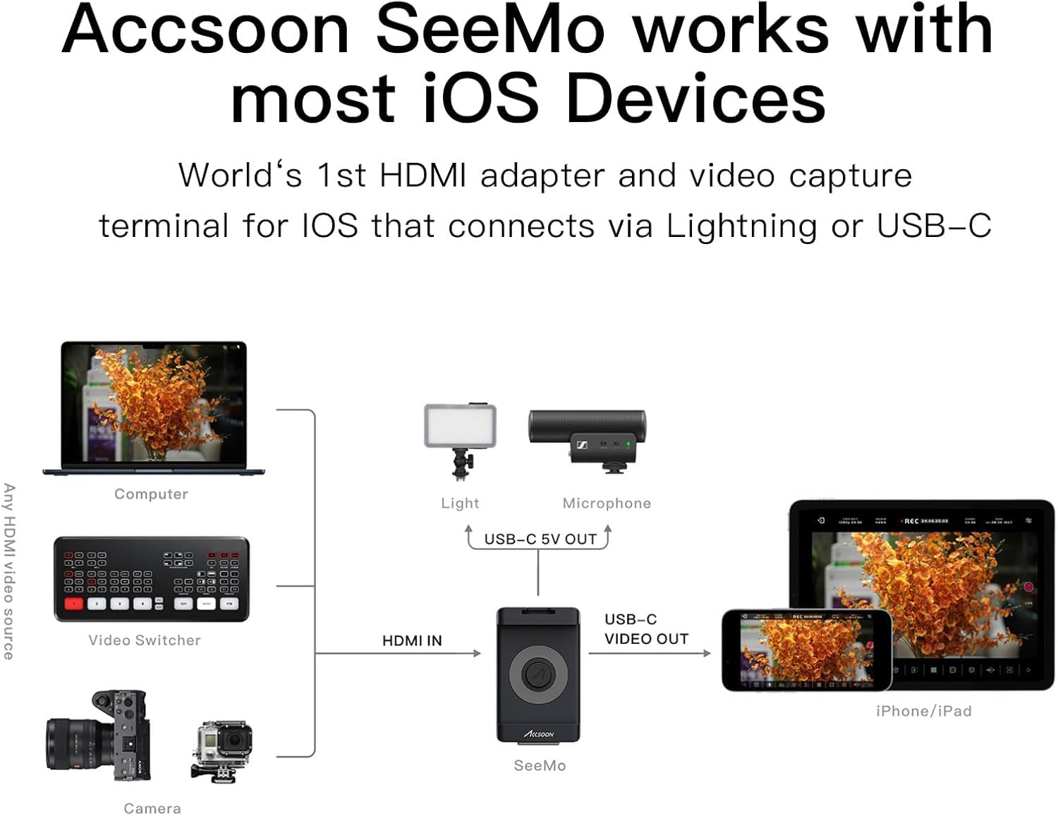 Accsoon Seemo Hdmi Video Transmission System For I-Phone&Ipad, Hdmi To Usb-C Video Transmitter Support 1080P 60Fps Video, Real-T