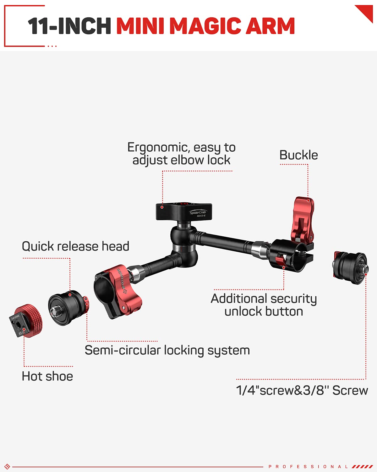 Ifootage 11'' Magic Arm, Adjustable Spider Crab Magic Arm With Shoe Mount And 1/4'' & 3/8'' Tripod Screw For Dslr Camera Rig/Cam