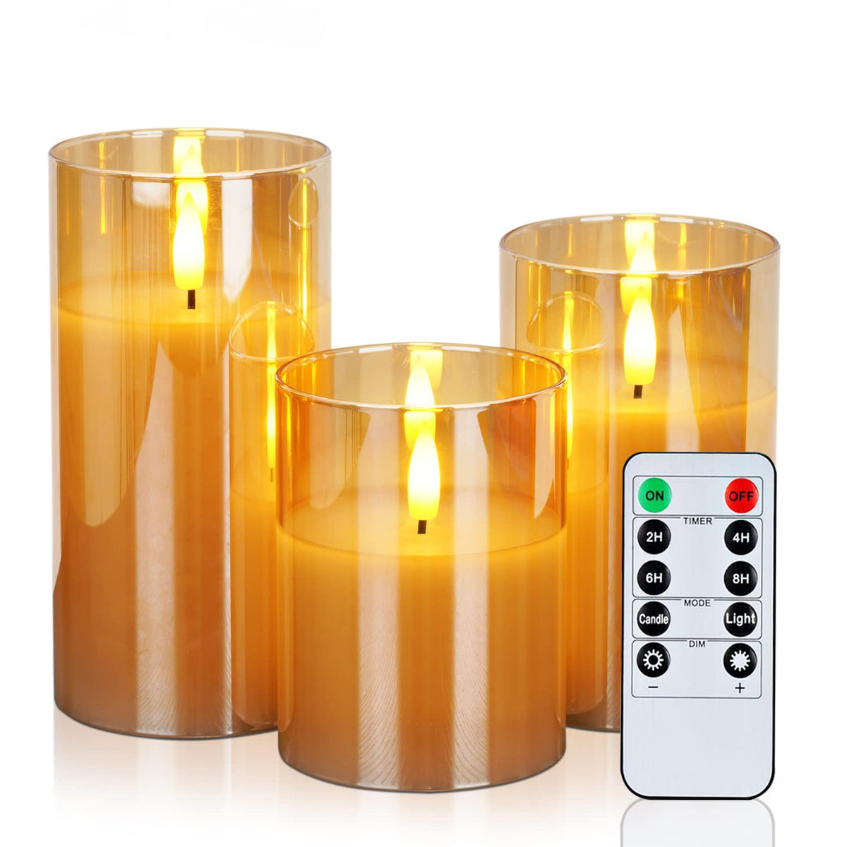 Amagic Glass Flameless Candles Battery Operated With Timer, Remote Control, Led Pillar Candles Battery Powered, Wax, Amber, Set 