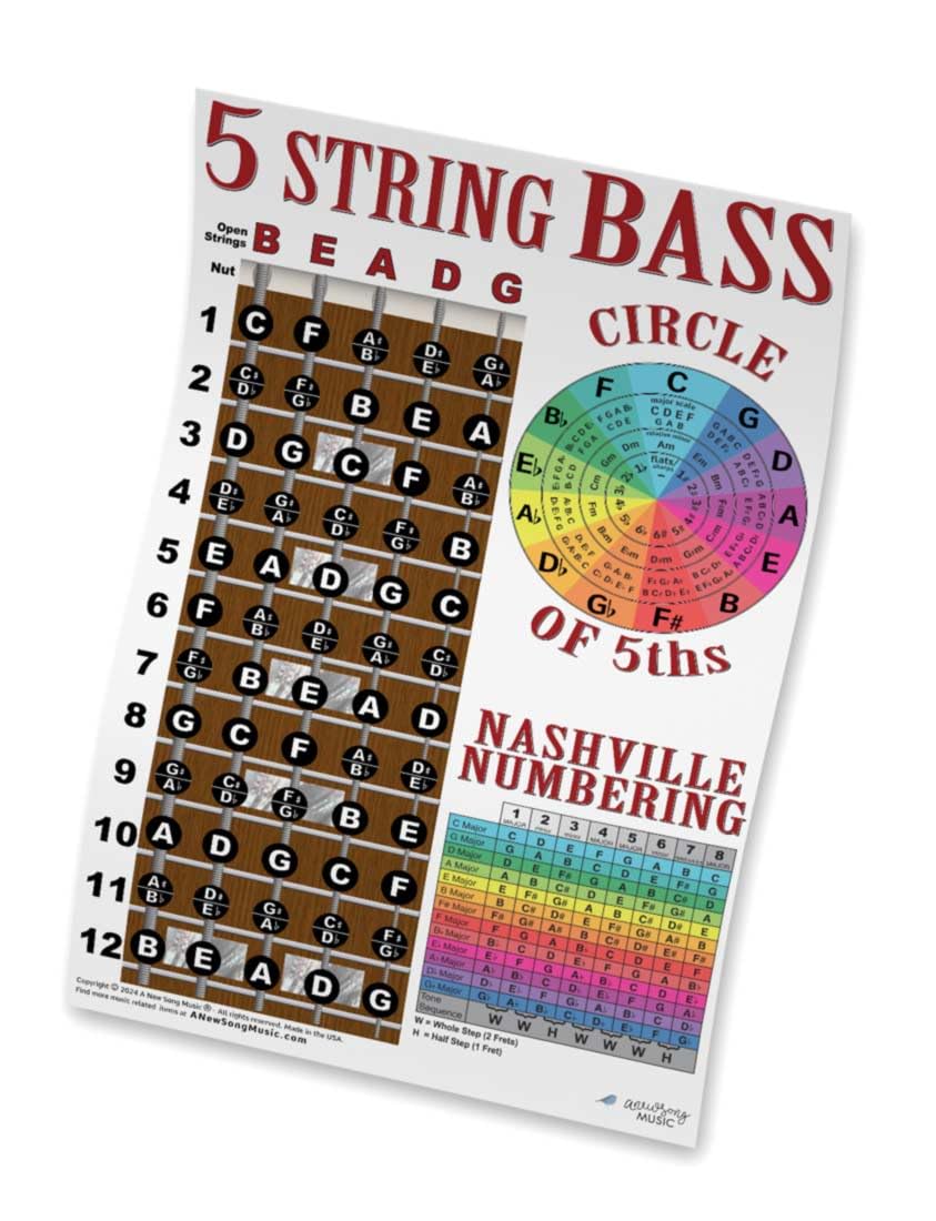 A New Song Music 5 String Bass Fretboard Poster   Nashville Numbering System, Circle Of 5Ths, Notes Instructional Chart 11X17