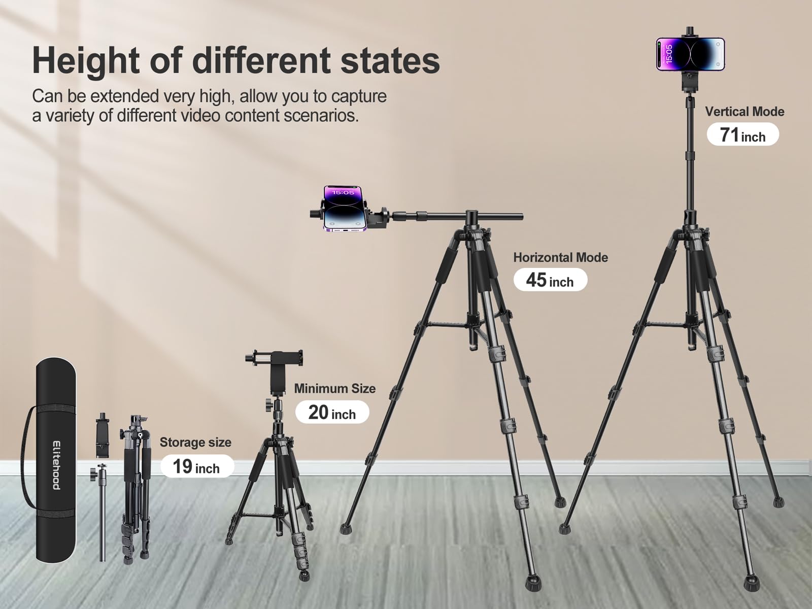 Elitehood Ultra-Stable Overhead Tripod For Iphone - Heavy Duty Aluminum Iphone Tripod Stand, 360Adjustable & 25In Horizontal Lon