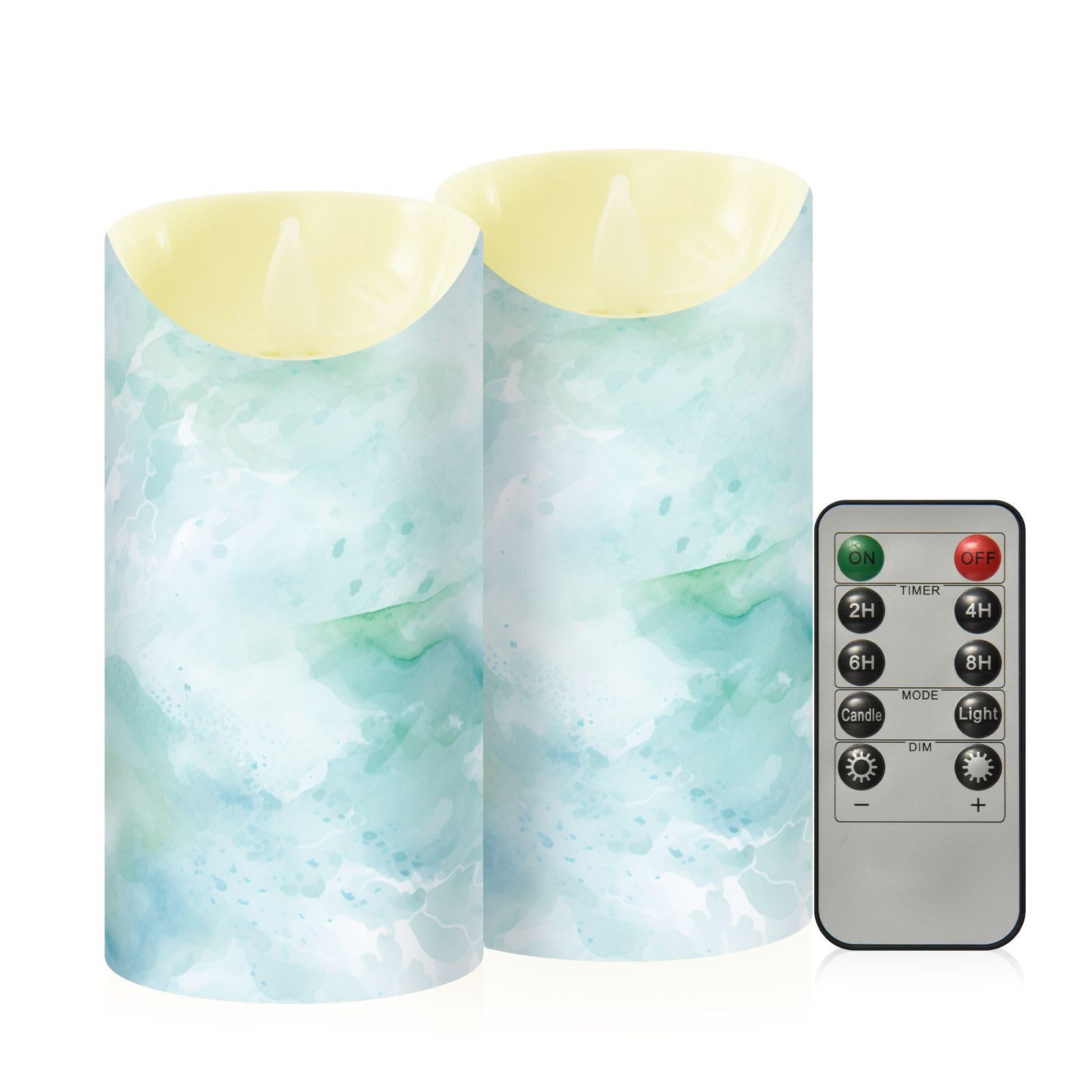 ALAZA Teal Green Turquoise Marble01 Flameless Candles with Remote Timer,LED Flickering Battery Operated Electric Pillar Tea Ligh