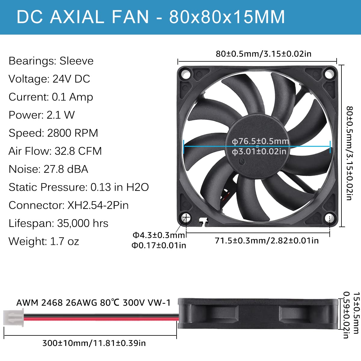 Gdstime 80Mm Fan, 80Mm X 80Mm X 15Mm 24V Dc Brushless Cooling Fan Sleeve Bearing