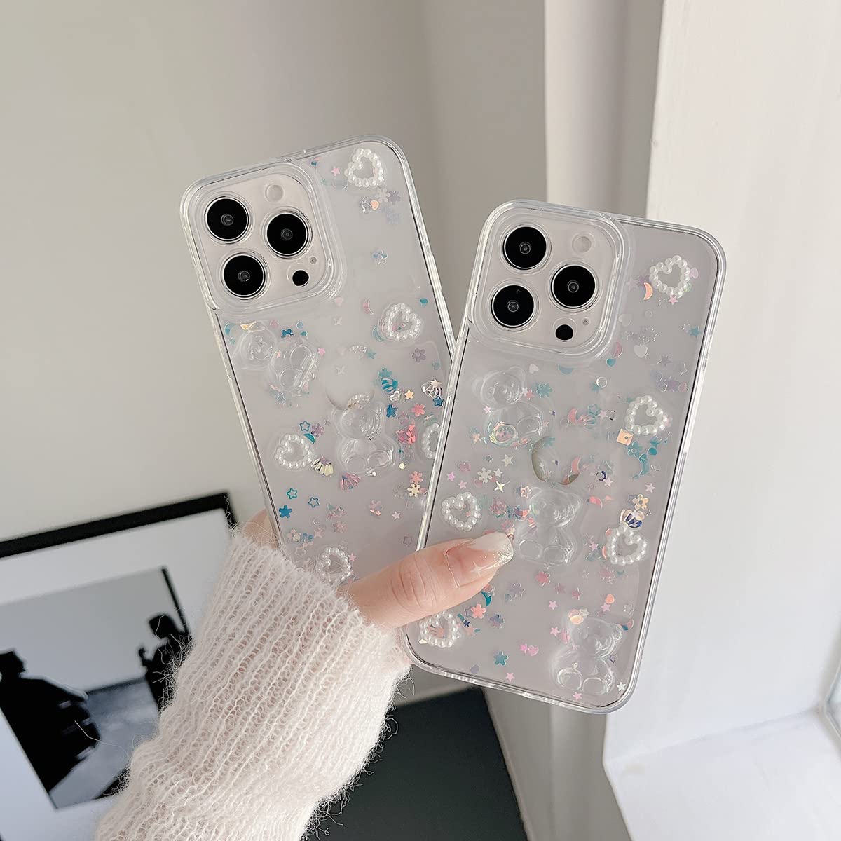 Fycyko Phone Case iPhone 11 3D Bear Glitter Bling Shockproof Clear TPU with Phone Charm 6.1''