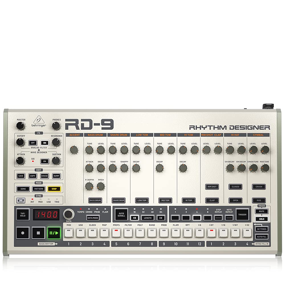 Behringer RHYTHM DESIGNER RD-9 Classic Analog/Digital Drum Machine with 11 Drum Sounds, 64-Step Sequencer, Wave Designer and Dua