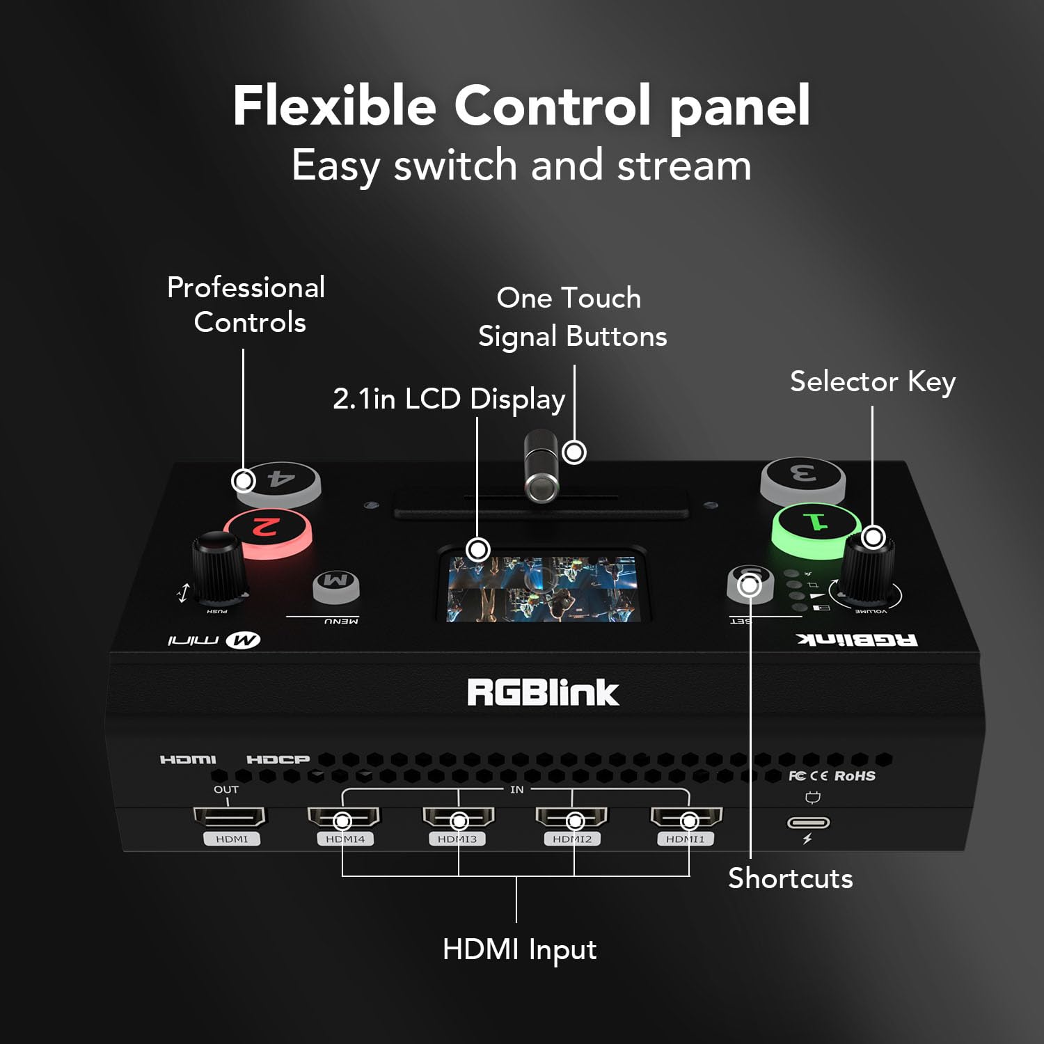 Rgblink Mini Video Mixer Switcher With 4 X Hdmi Inputs 2K Input/Output Real Time Live Streaming, Support Output 6 Pictures Pvw A