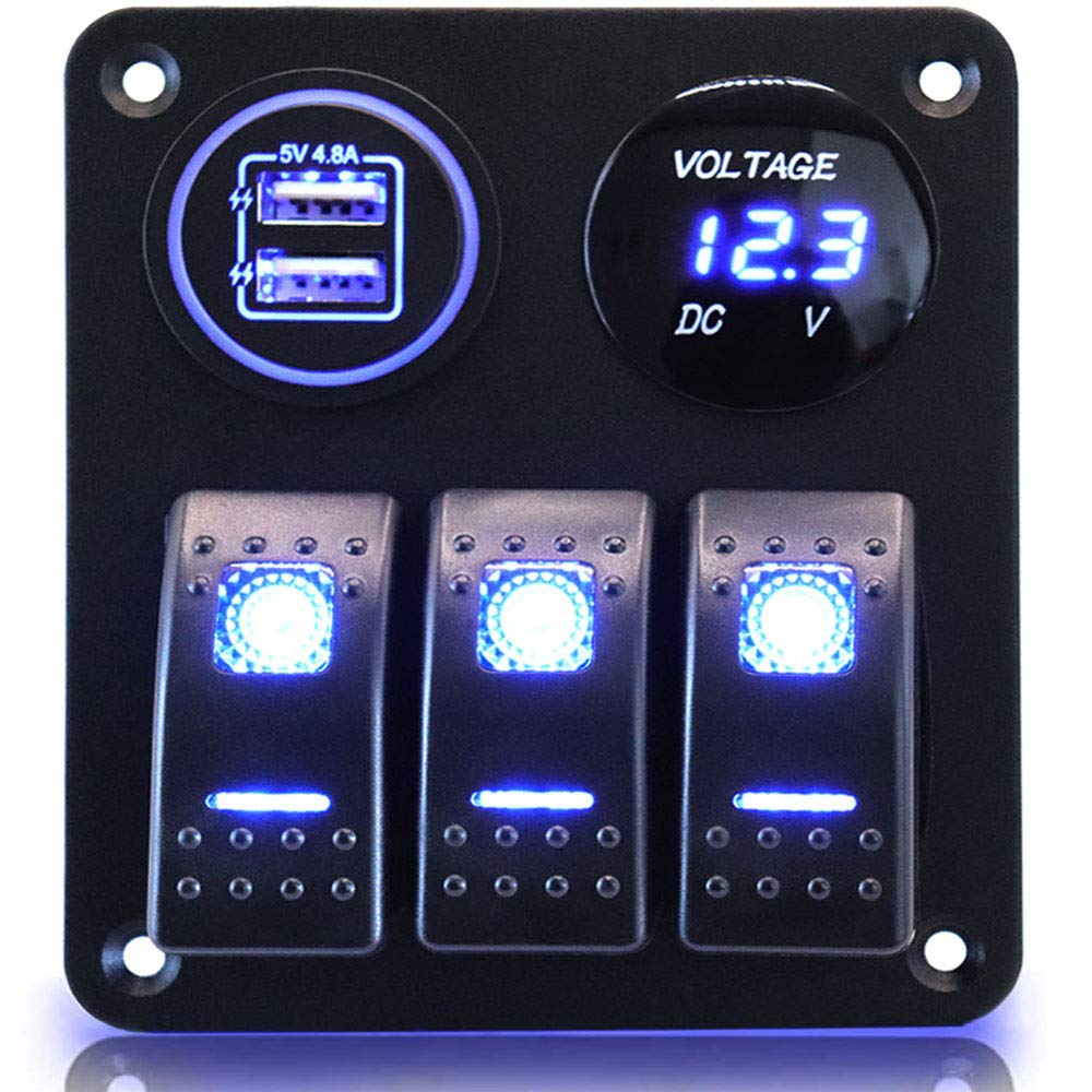 3 Gang Waterproof Marine Boat Rocker Switch Aluminum Panel, Dc 12V/24V 5 Pin On Off Switch, With Upgrade Arc Led Digital Display
