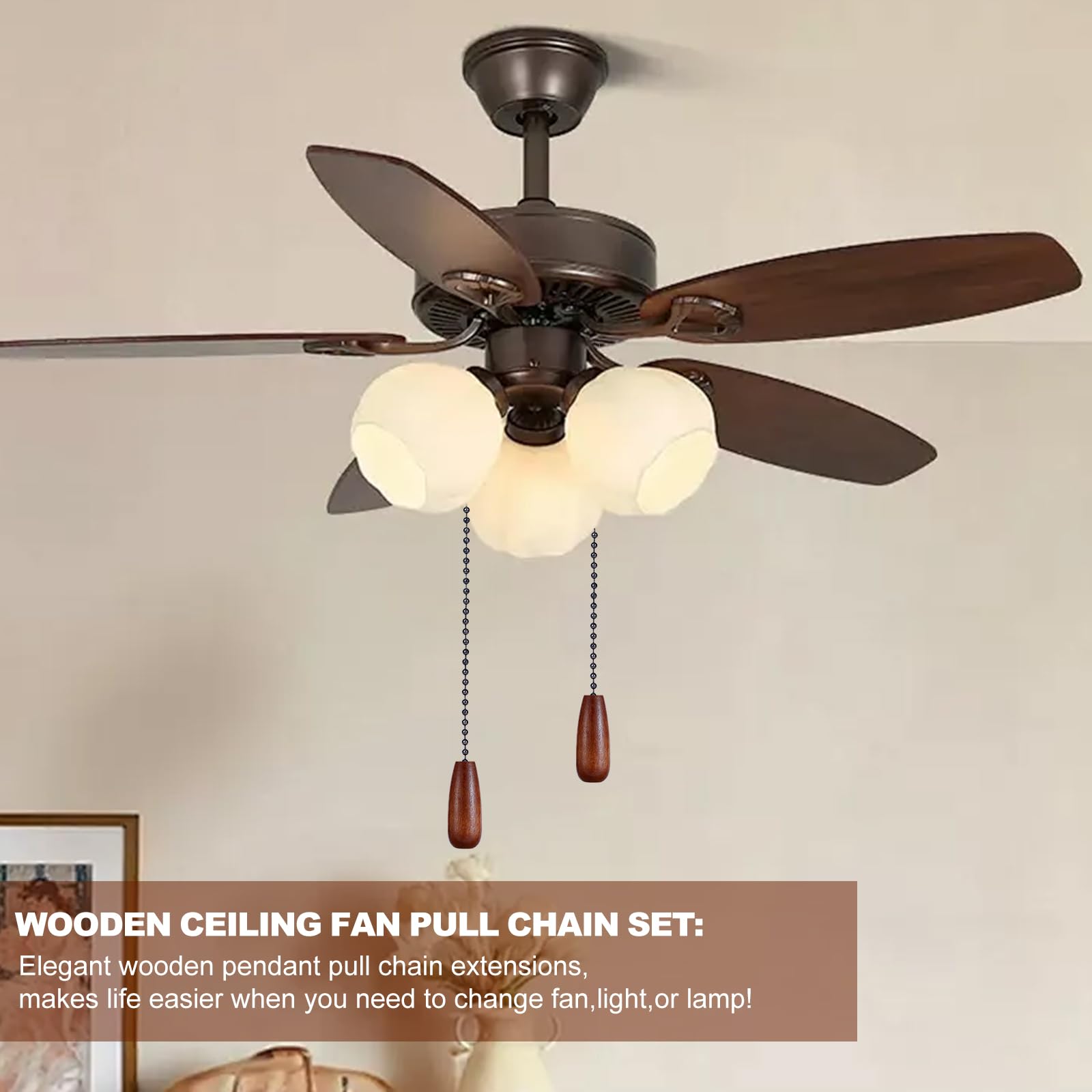 6 Pieces Wooden Ceiling Fan Pull Chains Extender Set, 12 Inch Decorative Pulls Chain Extension For Ceiling Light Lamp Fan Chain