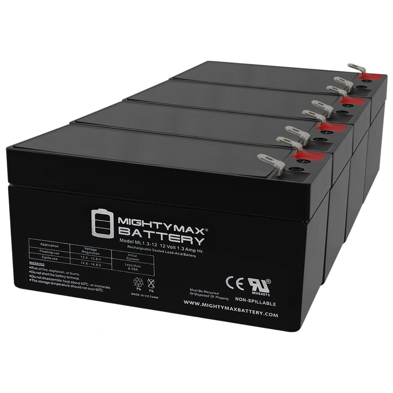 Mighty Max Battery ML1.3-12 - 12 VOLT 1.3 AH SLA BATTERY - PACK OF 4