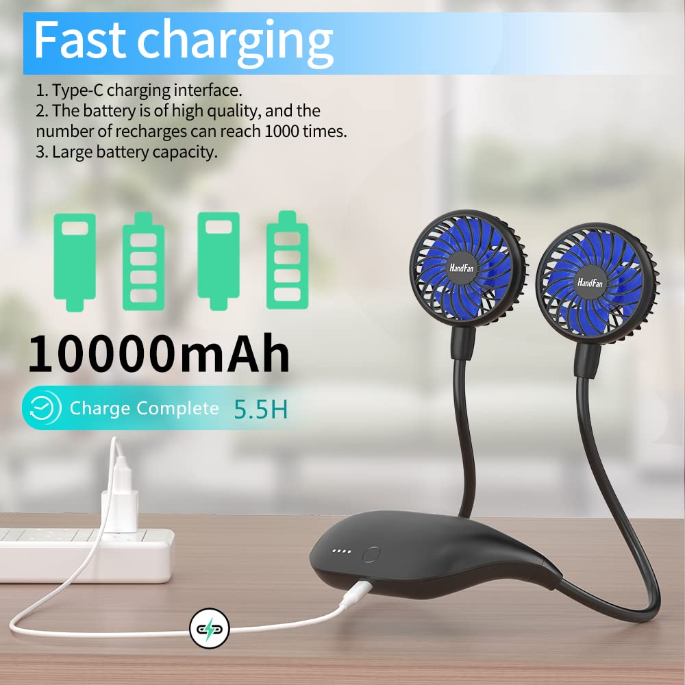 Handfan 10000Mah Neck Fan, 360?Rotation Personal Portable Fans For Your Neck, 48H Lasting Rechargeable Battery Operated Wearable