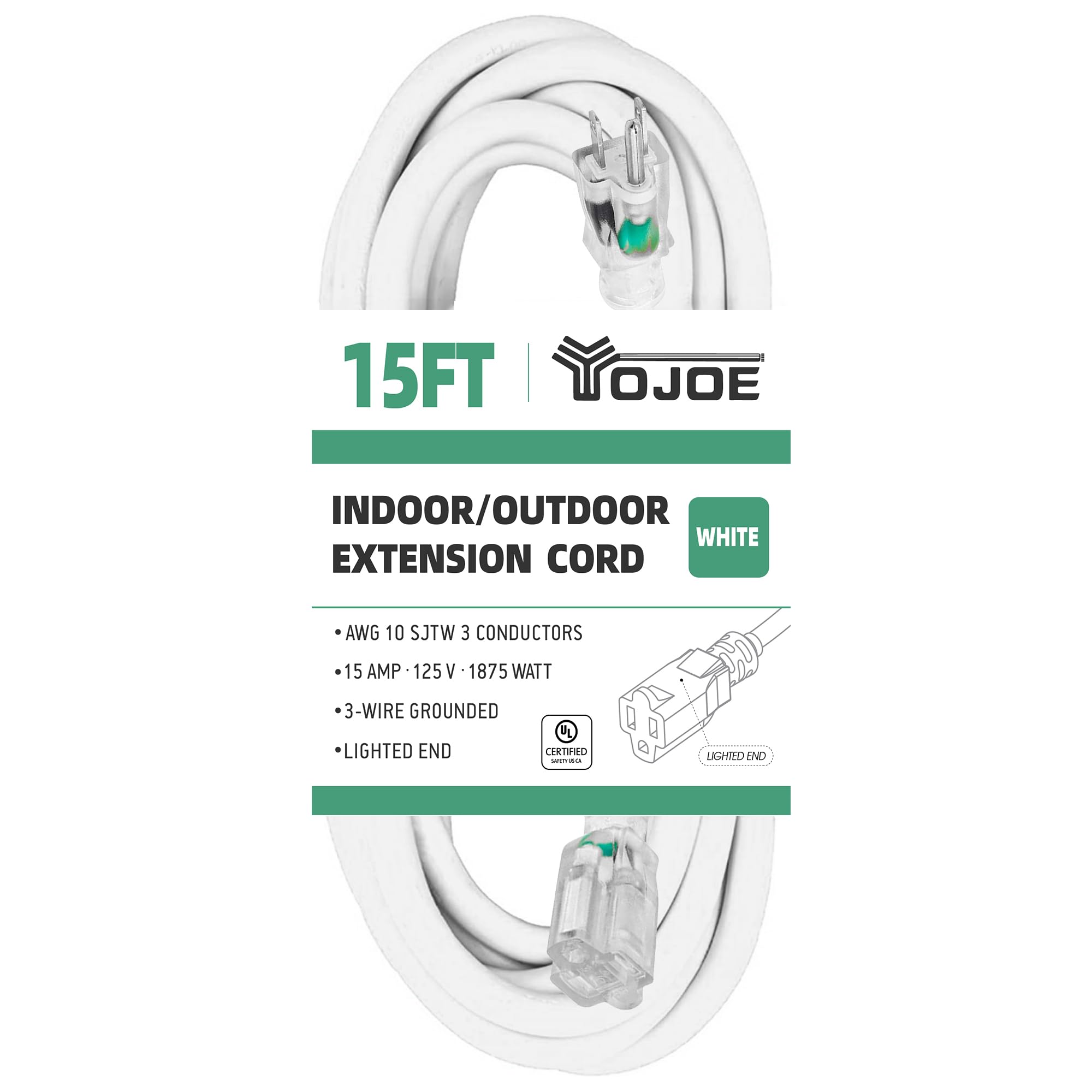 Yojoe Indoor Outdoor Extension Cord With Lighted End, 3 Prong 15A Weatherproof Power Extension Cord, 10 Gauge Heavy Duty 15 Ft W