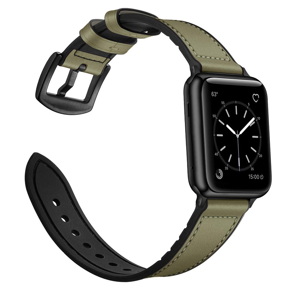 Ouheng Compatible With Apple Watch Band 41Mm 40Mm 38Mm, Sweatproof Genuine Leather And Rubber Hybrid Band Strap For Iwatch Serie