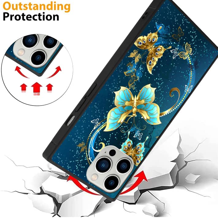 SAKUULO iPhone 14 Pro Max Phone Case Screen Protector Kickstand Blue Butterfly Print TPU Hard PC Slim Shock Absorption