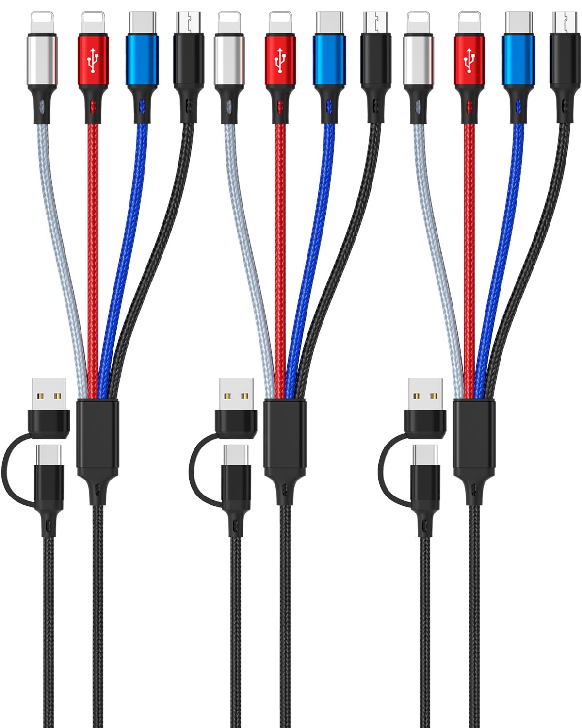 Hancenda 4 In 2 Multi Charging Cable, 3Pack 6Ft Multiple Chargers For All Devices Nylon Braided Usb A/C To 2*Lighting/Typc C/Micro Usb Port Universal Multi Usb Charger Cords For Iphone 16/15
