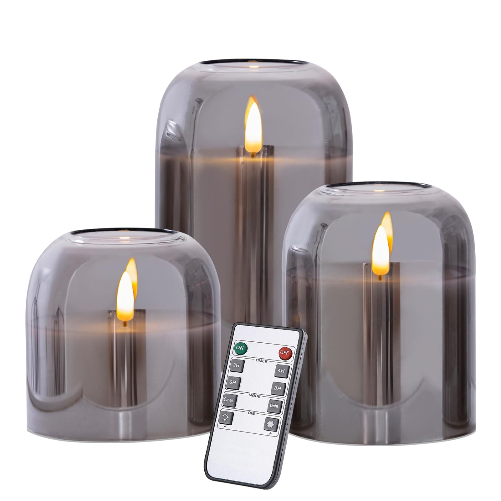 Volnyus Grey Glass Flameless Candles Set Of 3 (F 4'' H 4'' 5'' 6'') With Remote Battery Operated Flickering Led Pillar Candles R