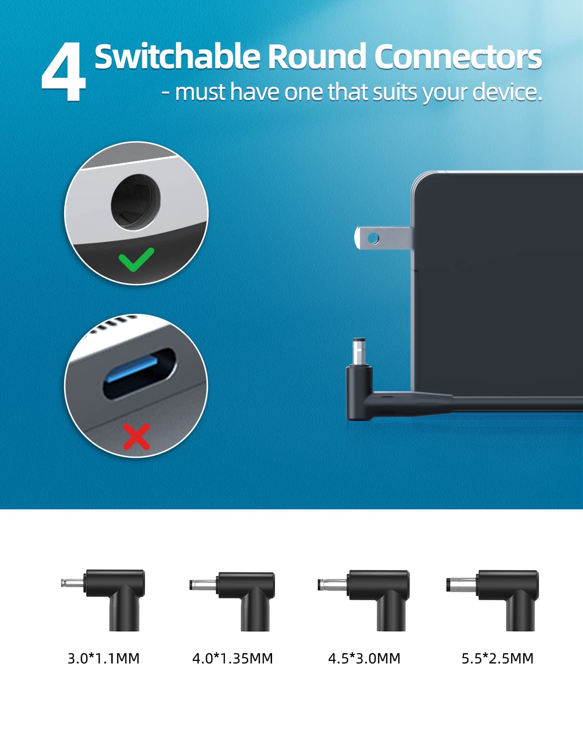 Laptop Charger For Asus, (Ul Safety Certified), Round Connector, 65W, 45W, 33W