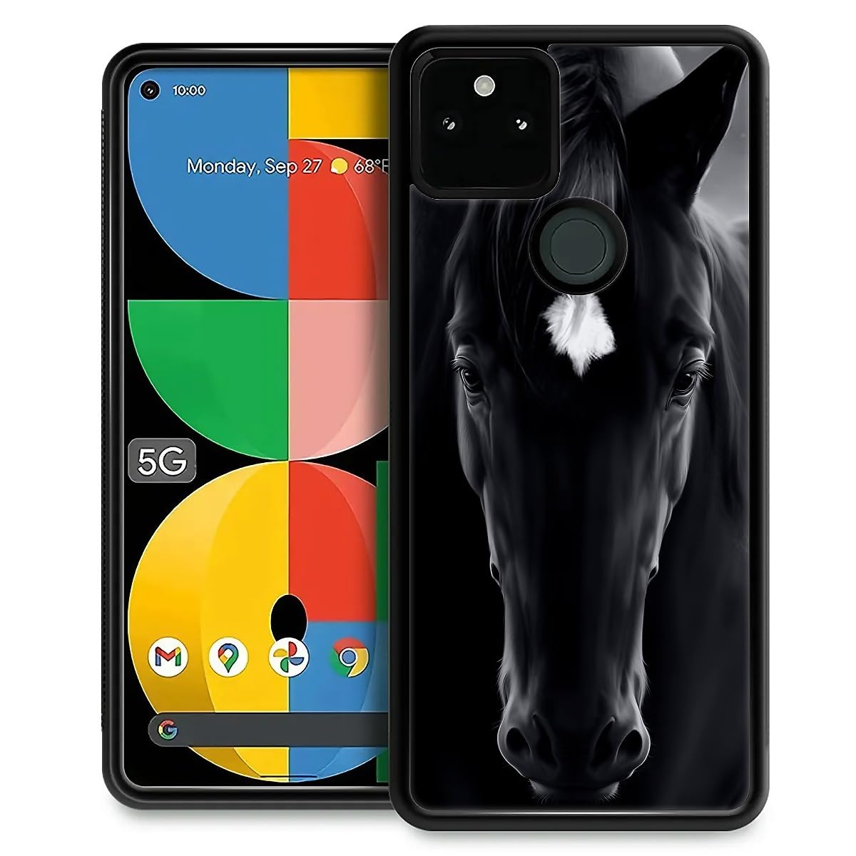 Fkbrcl4U For Google Pixel 5A Case, Cool Black Horse Face Pattern Graphic Design Girl Boy Soft Silicone Hard Acrylic Shock Protec