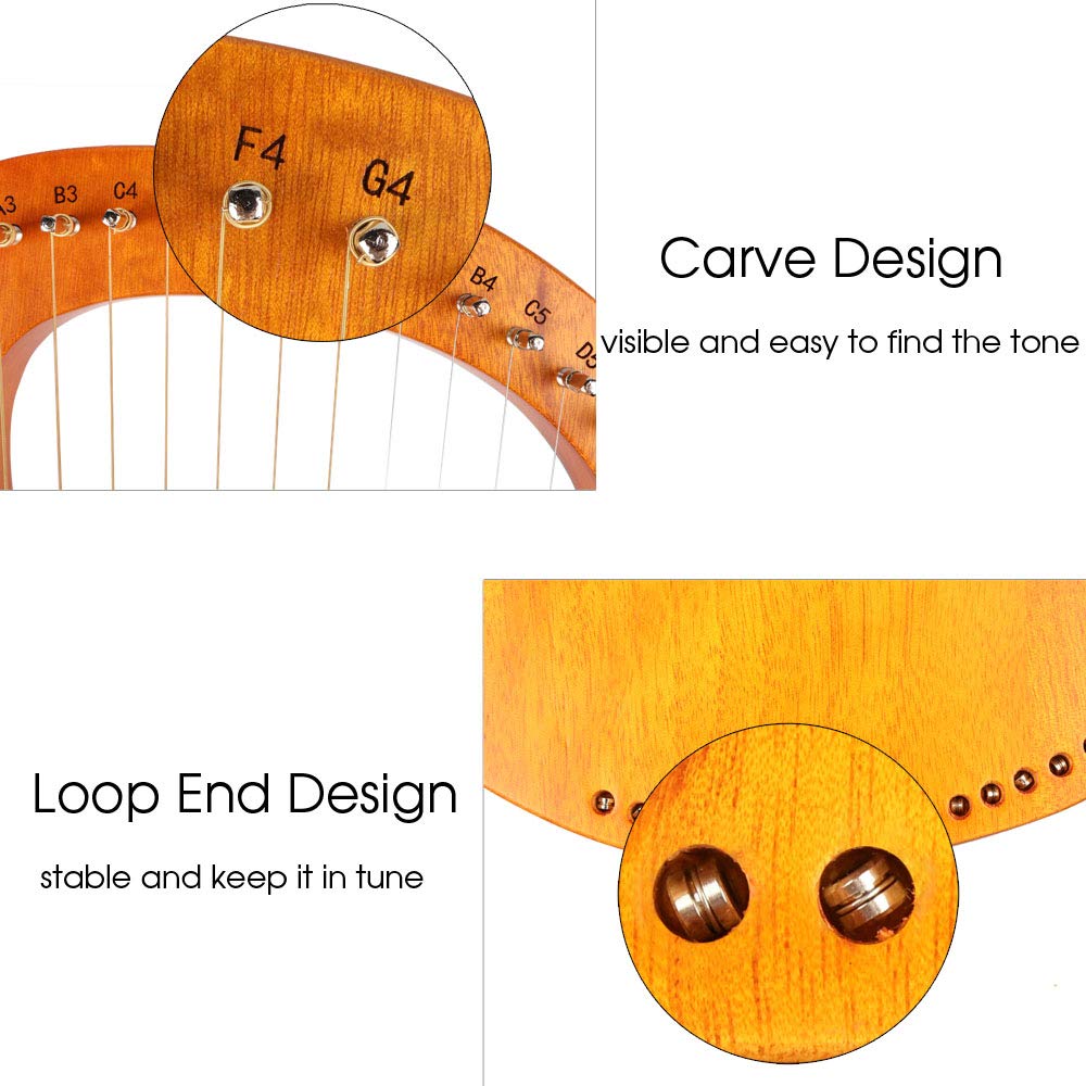 Mr.Power Lyre Harp Ancient Greece Style 16 Metal Strings Lyre With Tuning Wrench Extra String Set And Gig Bag (16 String, Natural Wood)